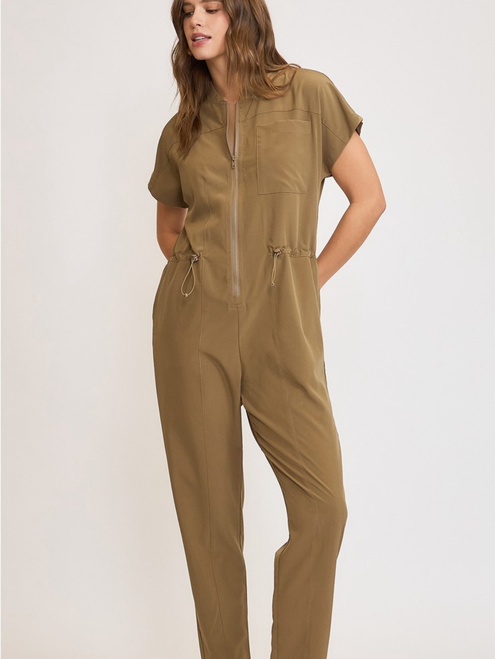 Umgee Olive Short-Sleeve Utility Jumpsuit